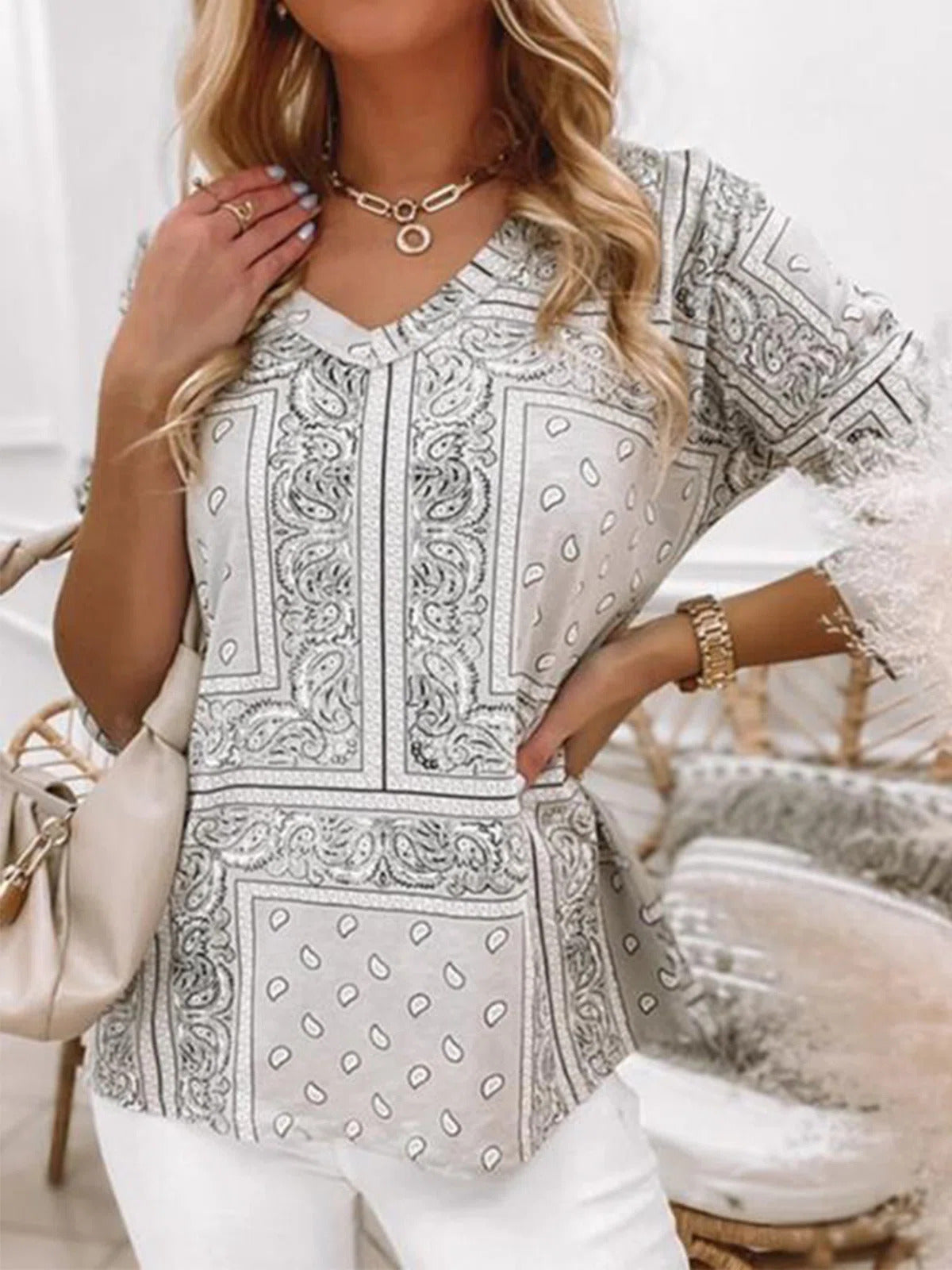 Abstract Print V-neck Long Sleeves Blouse