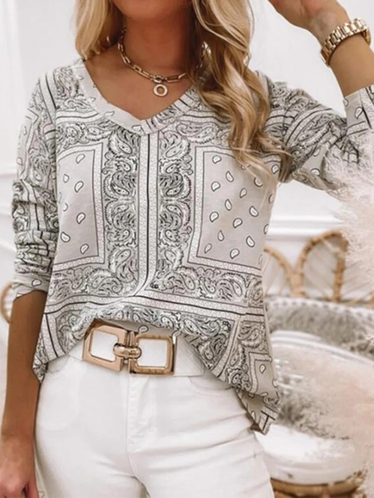 Abstract Print V-neck Long Sleeves Blouse