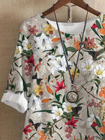 Floral Print Crew Neck Buttons Half Sleeves Blouse