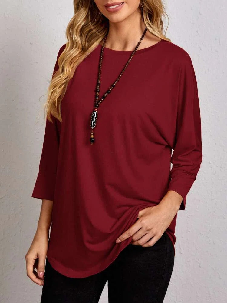 Solid Color Crew Neck Casual 3/4 Sleeves Blouse