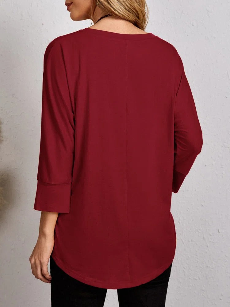 Solid Color Crew Neck Casual 3/4 Sleeves Blouse