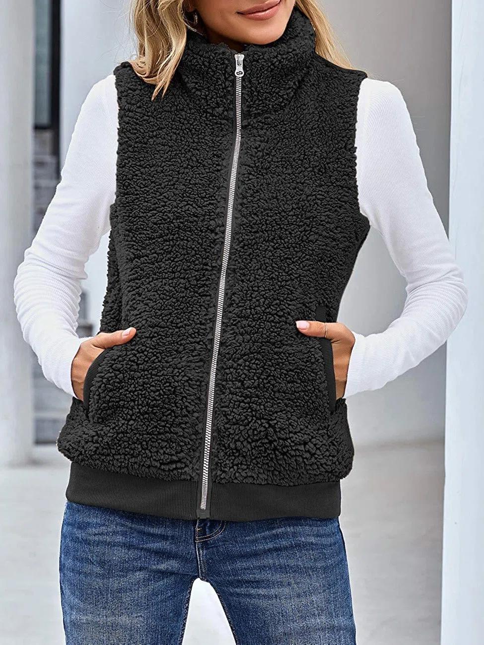 Solid Color Casual Zipper Plush Warm Jacket