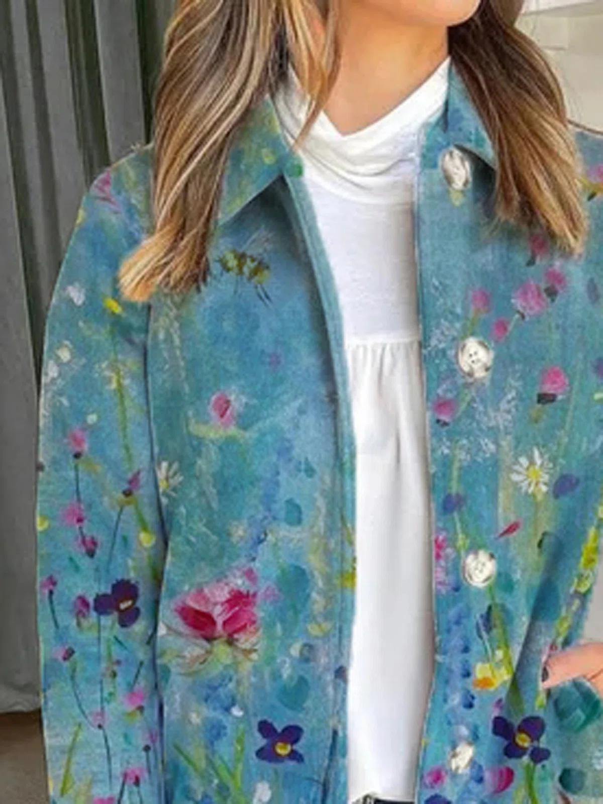 Floral Print Collared Casual Long Sleeves Coat