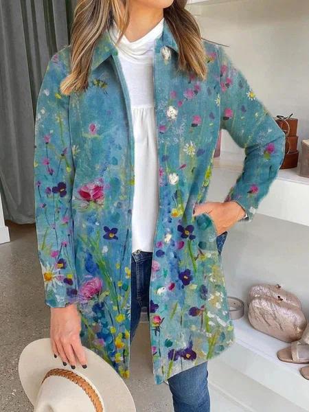 Floral Print Collared Casual Long Sleeves Coat