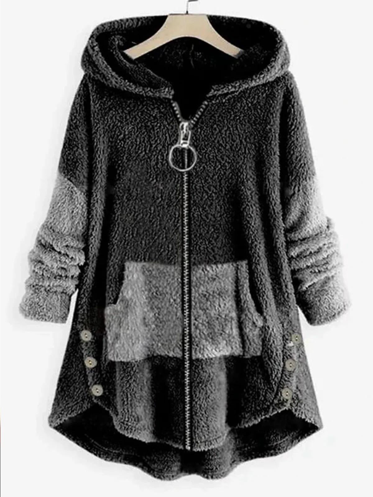 Plain Hooded Zipper Long Sleeves Warm Coat