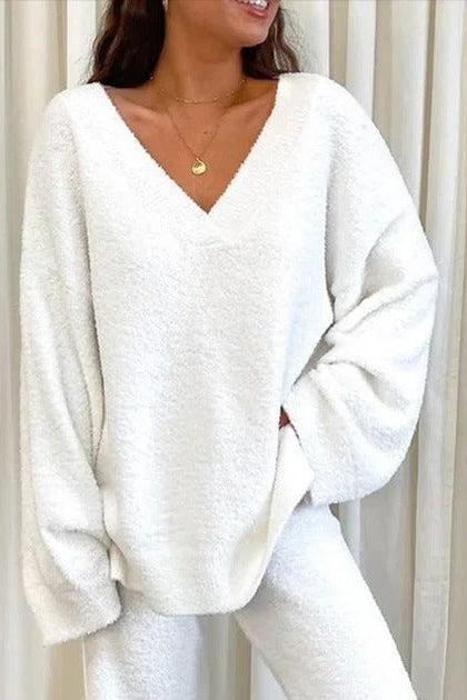 Solid Color V-neck Casual Sweater Two Piece Suit