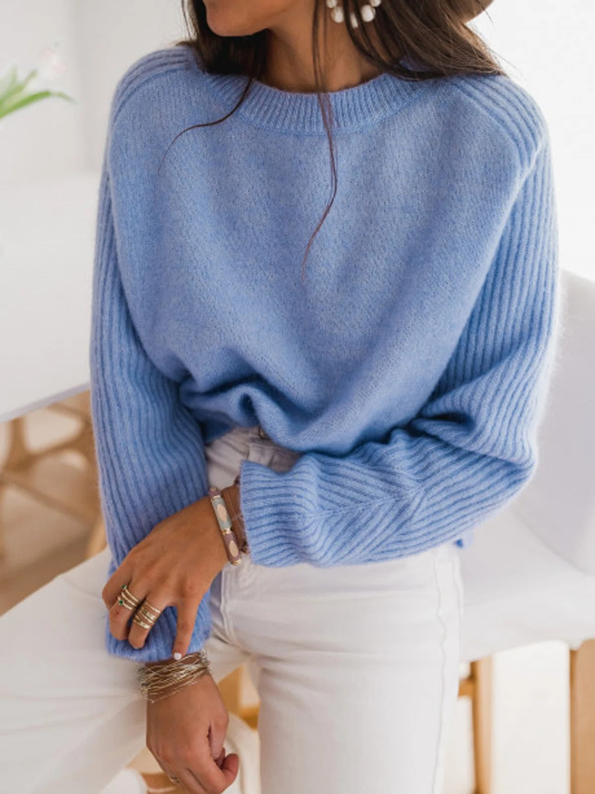 Solid Color Round Neck Long Sleeves Sweater