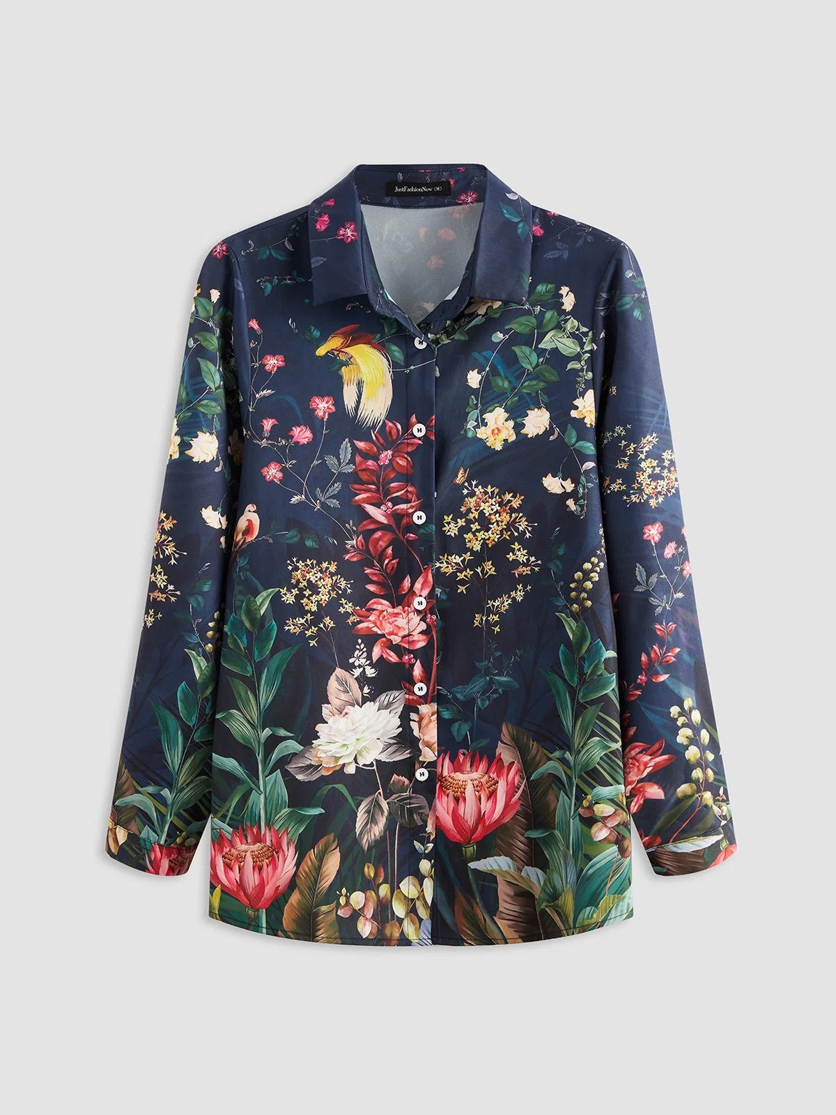 Floral Print Collared Buttons Long Sleeves Blouse