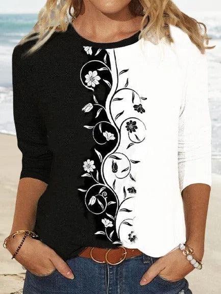 Floral Print Patchwork Crew Neck Long Sleeves Sweatshirt
