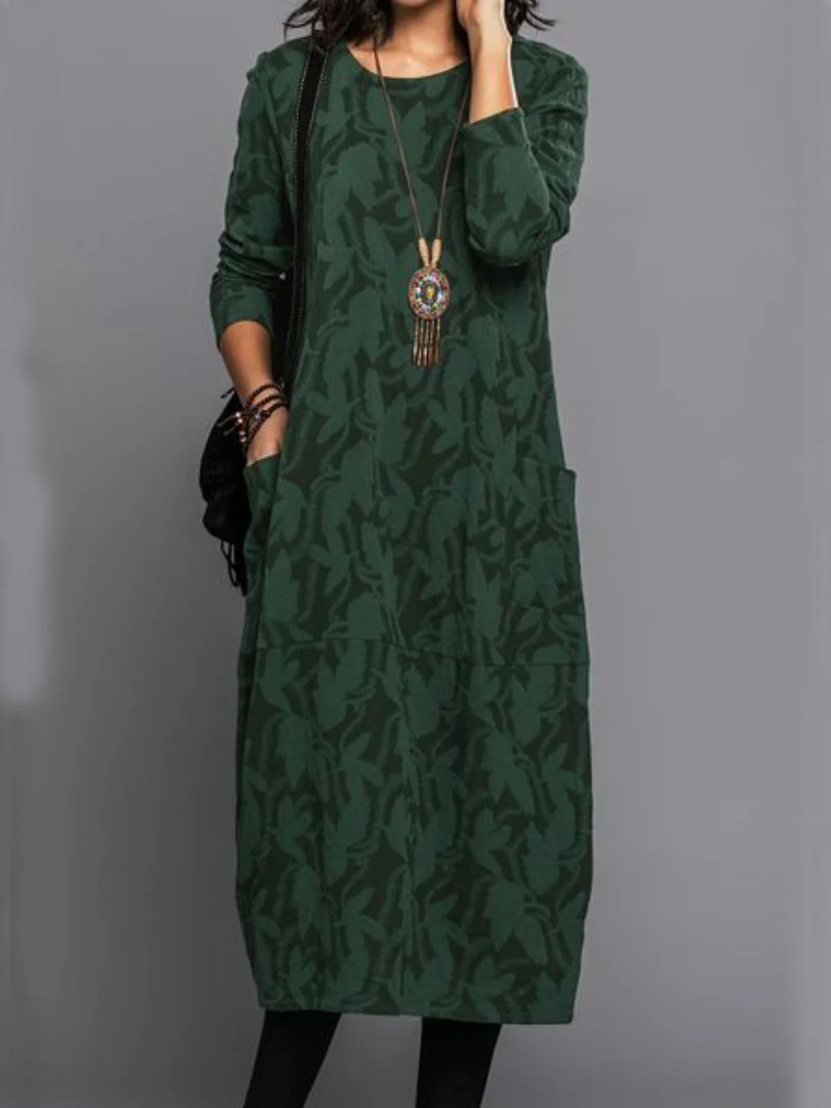 Abstract Print Crew Neck Long Sleeves Midi Dress