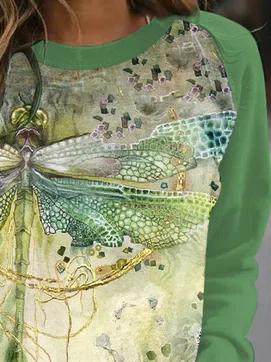 Cute Dragonfly Print Crew Neck Long Sleeves Sweatshirt