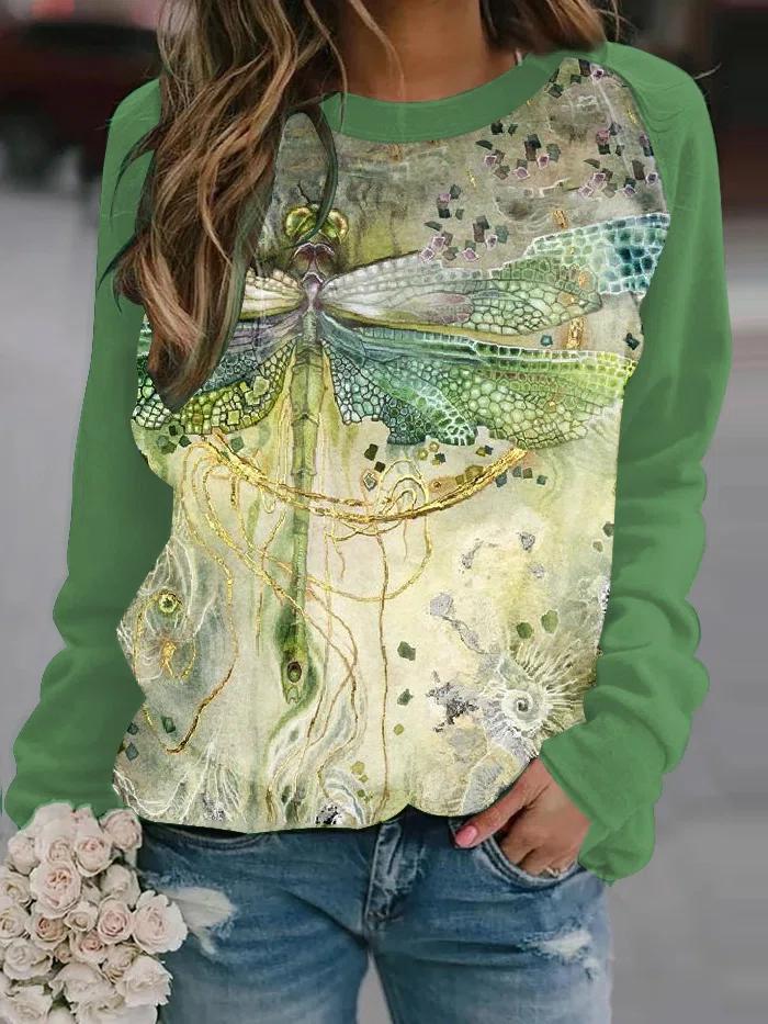 Cute Dragonfly Print Crew Neck Long Sleeves Sweatshirt