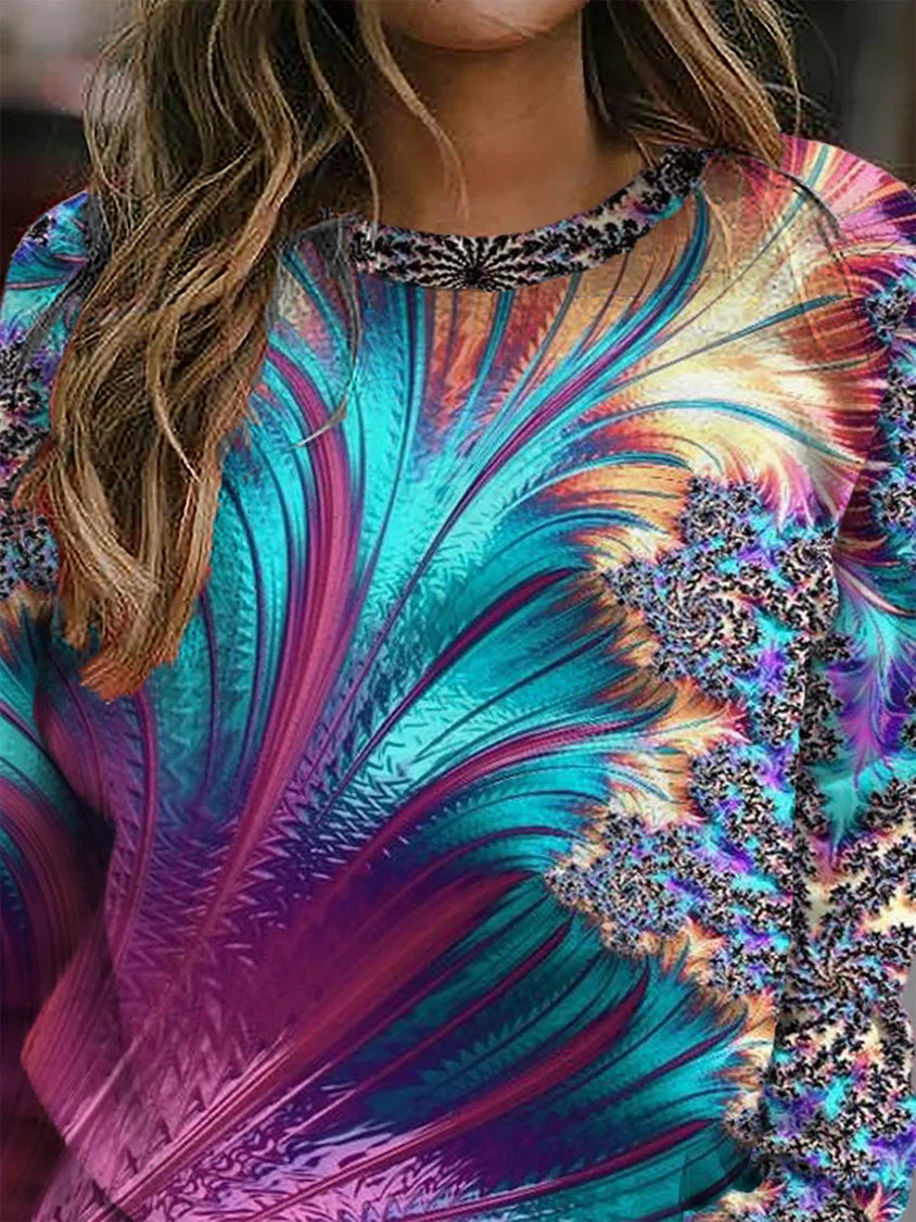 Feather Print Crew Neck Long Sleeves Sweatshirt