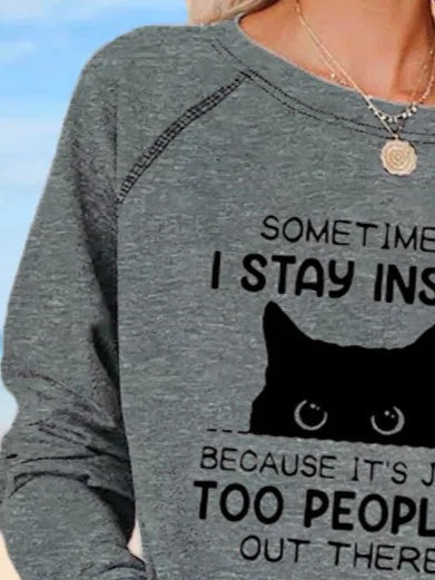 Cat Letter Print Round Neck Long Sleeves Sweatshirt