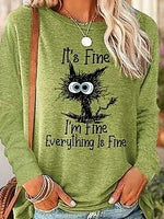 Cat Letter Print Crew Neck Long Sleeves Sweatshirt