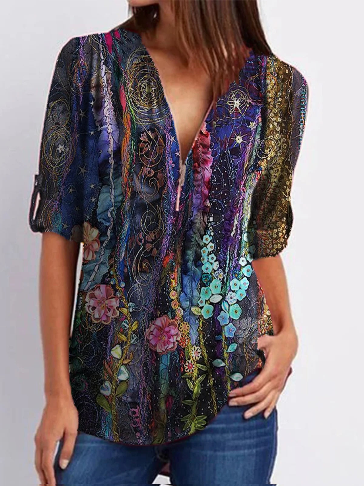 Floral Print V-neck Zipper Casual Long Sleeves Blouse