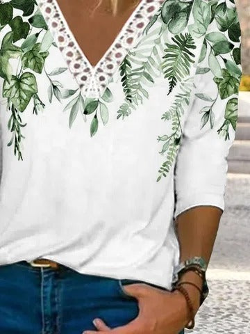 Leaf Print V-neck Lace Casual Half Sleeves Sweatshirt