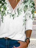 Leaf Print V-neck Lace Casual Half Sleeves Sweatshirt