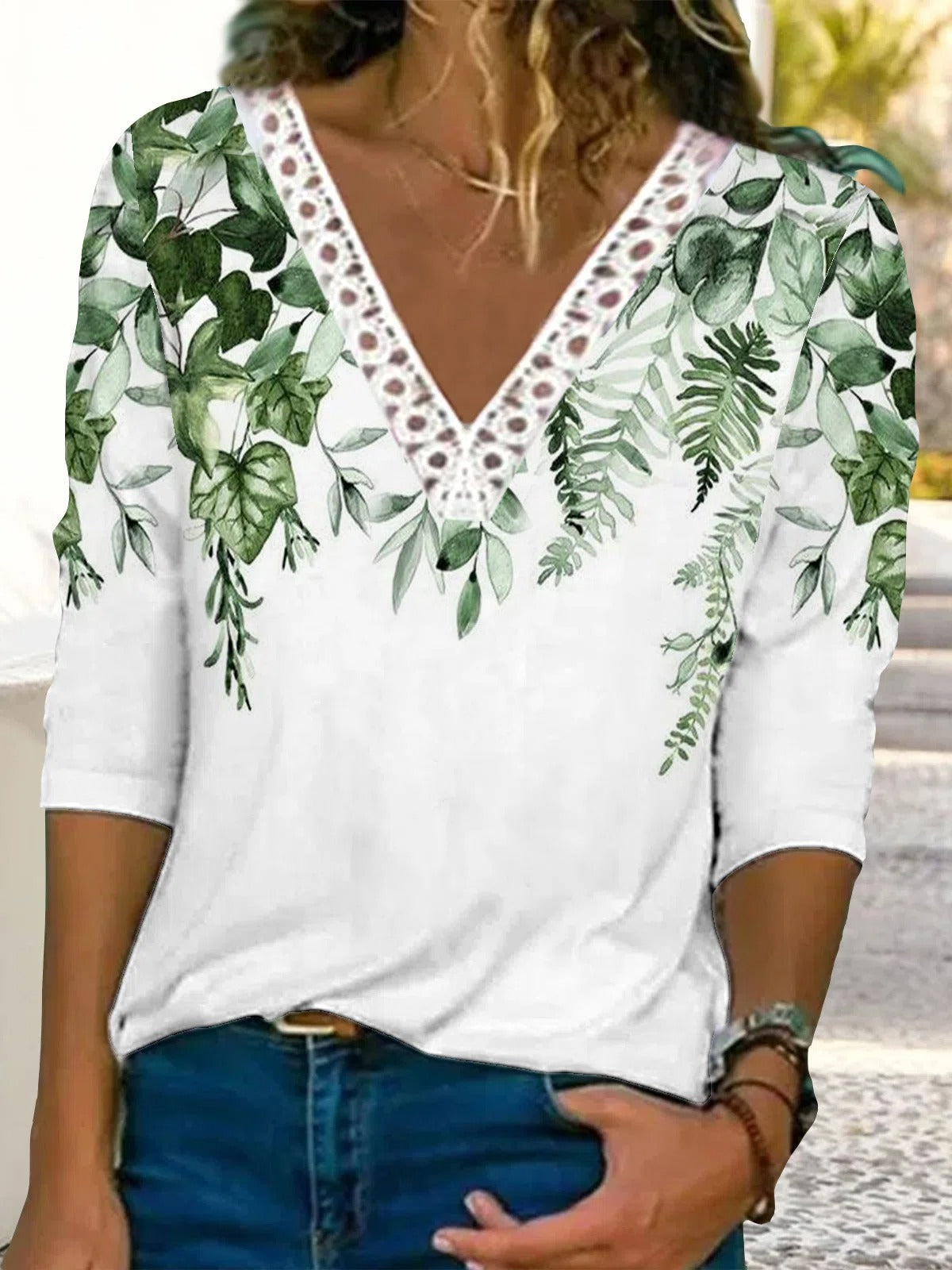 Leaf Print V-neck Lace Casual Half Sleeves Sweatshirt