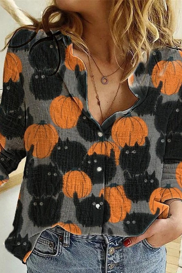 Halloween Pumpkin Cat Print Lapel Long Sleeves Blouse