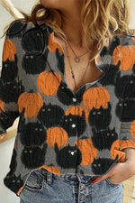 Halloween Pumpkin Cat Print Lapel Long Sleeves Blouse