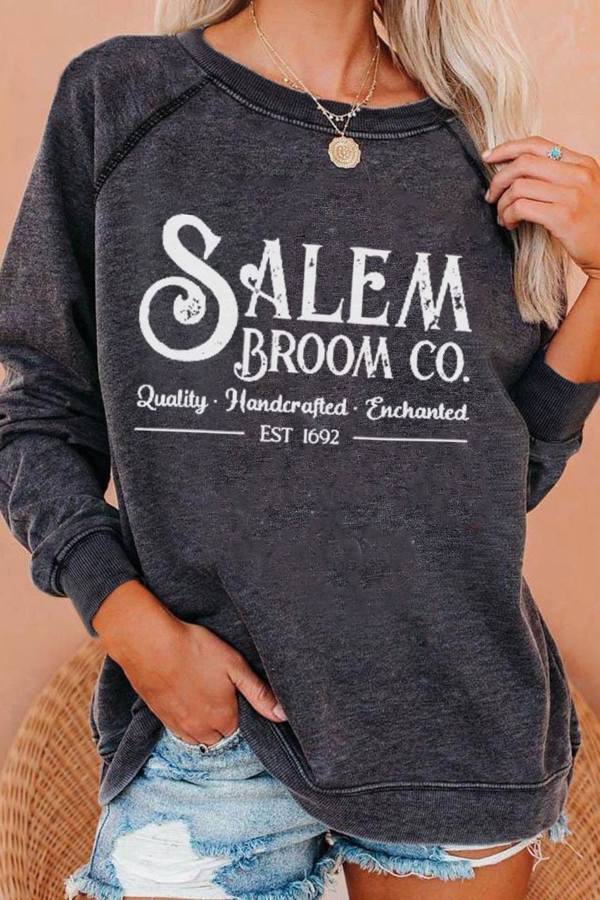Salem Broom Print Crew Neck Long Sleeves Sweatshirt