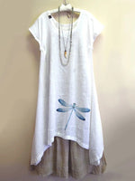 Dragonfly Print Short Sleeves Two Piece Midi Dress