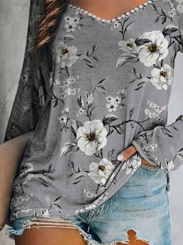 Floral Print Square Neck Casual Long Sleeves Blouse