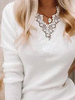 Solid Color V-neck Lace Casual Long Sleeves Sweater