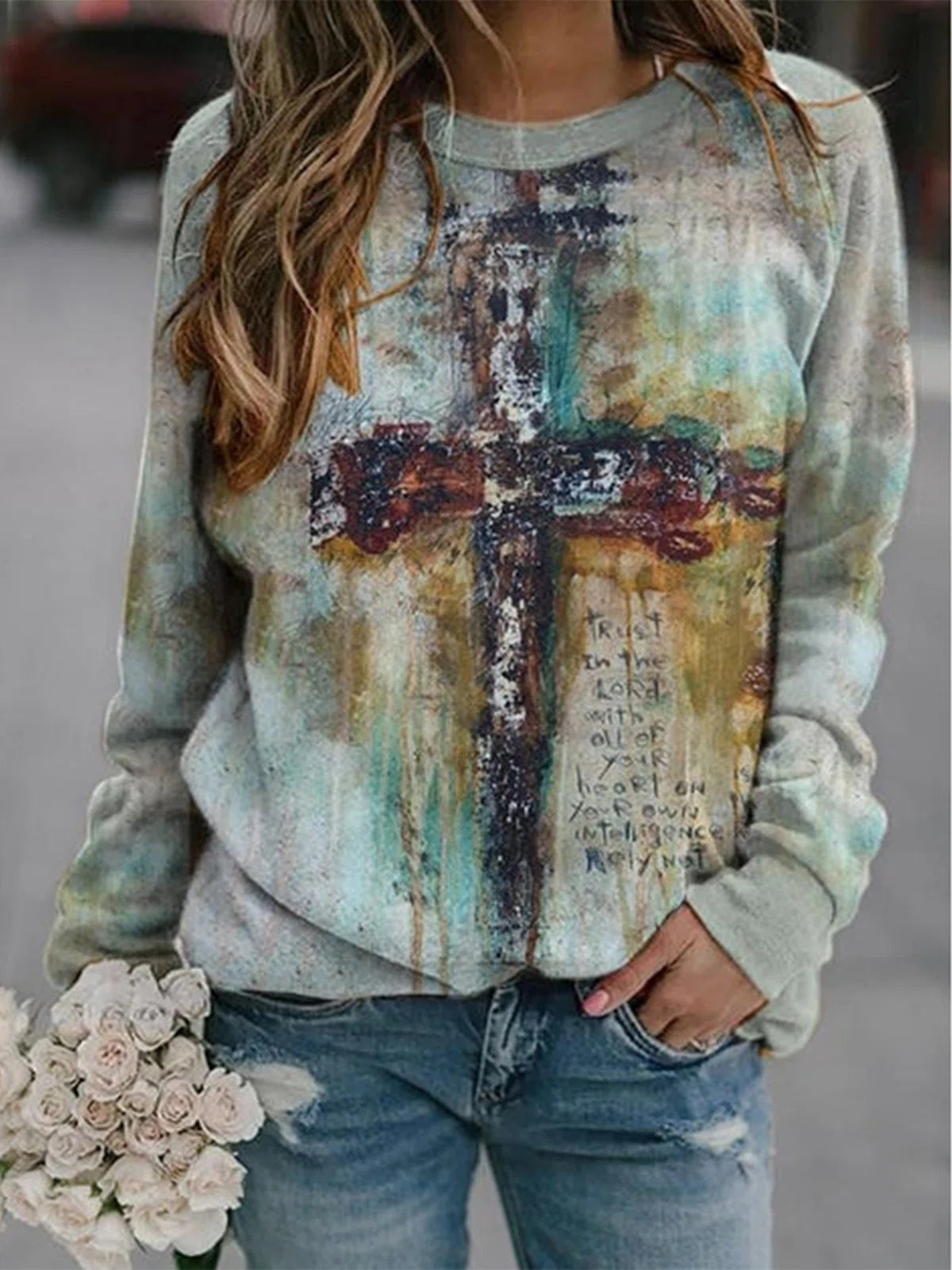 Crucifix Print Round Neck Long Sleeves Sweatshirt