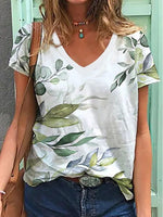 Leaf Print V-neck Casual Short Sleeves T-shirt