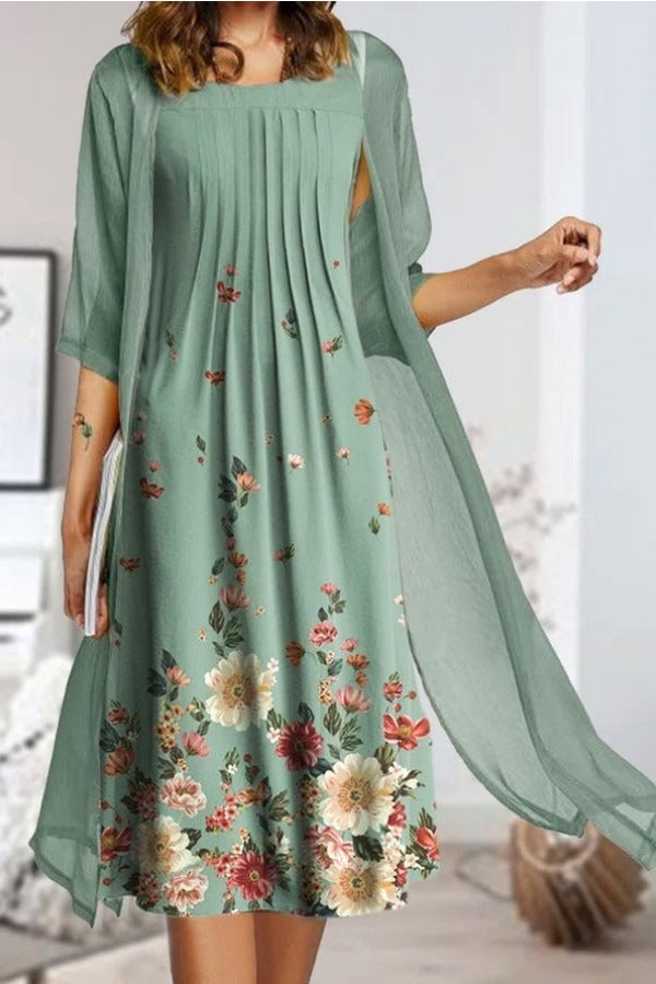 Floral Print Casual Half Sleeves Two Piece Midi Dress