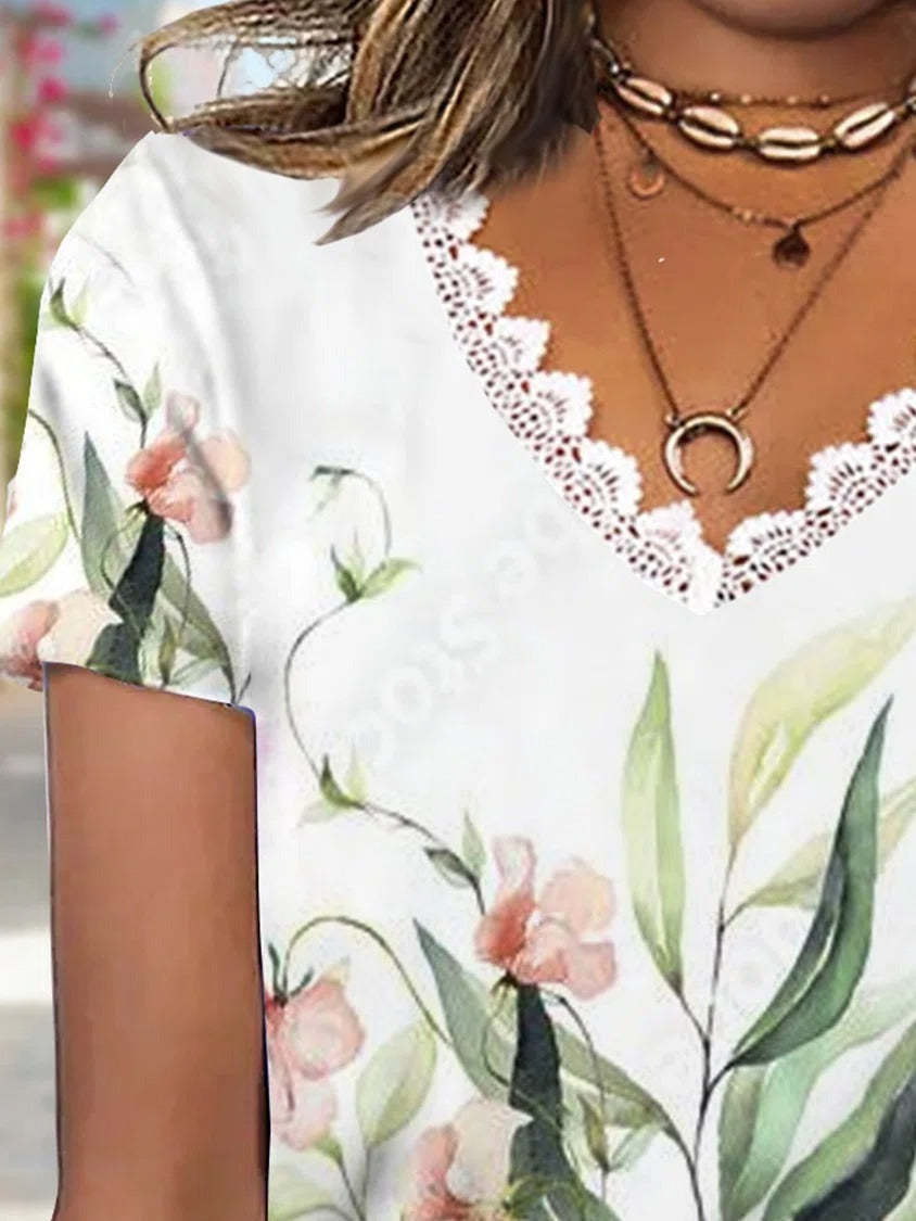 Floral Leaf Print V-neck Lace Short Sleeves T-shirt