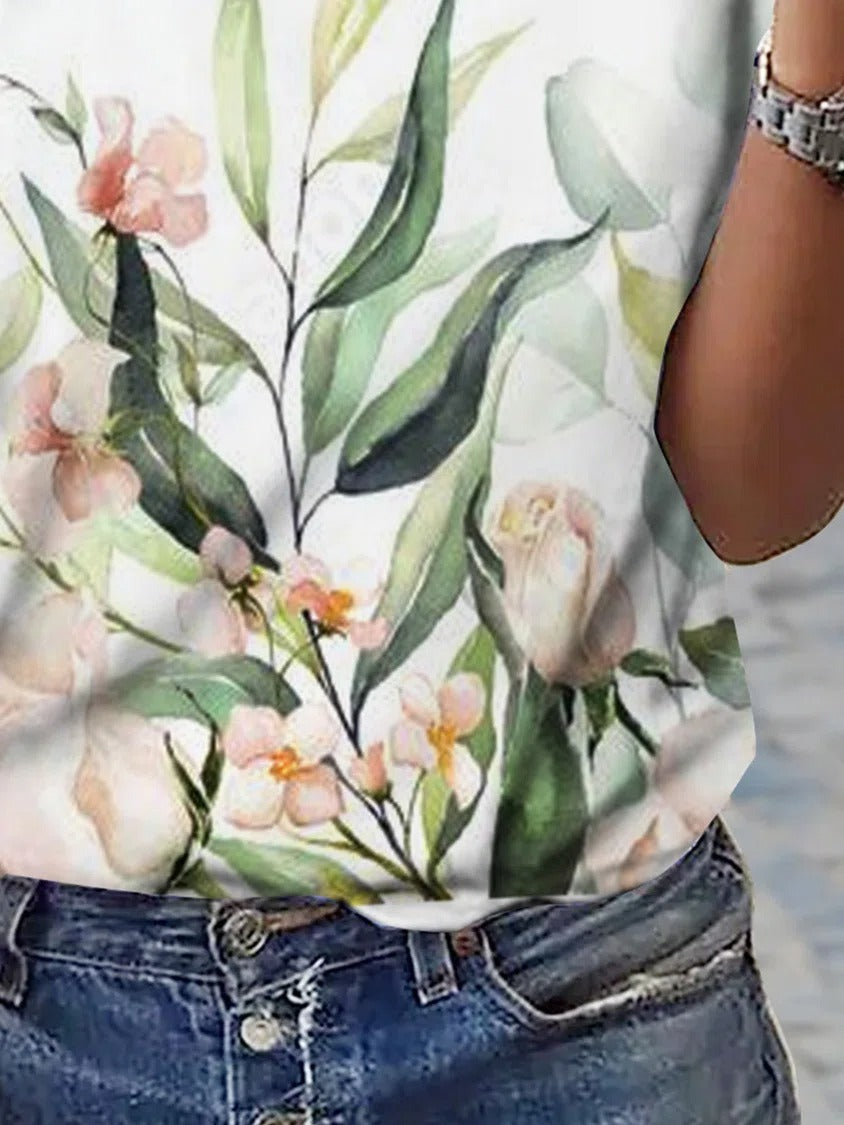 Floral Leaf Print V-neck Lace Short Sleeves T-shirt