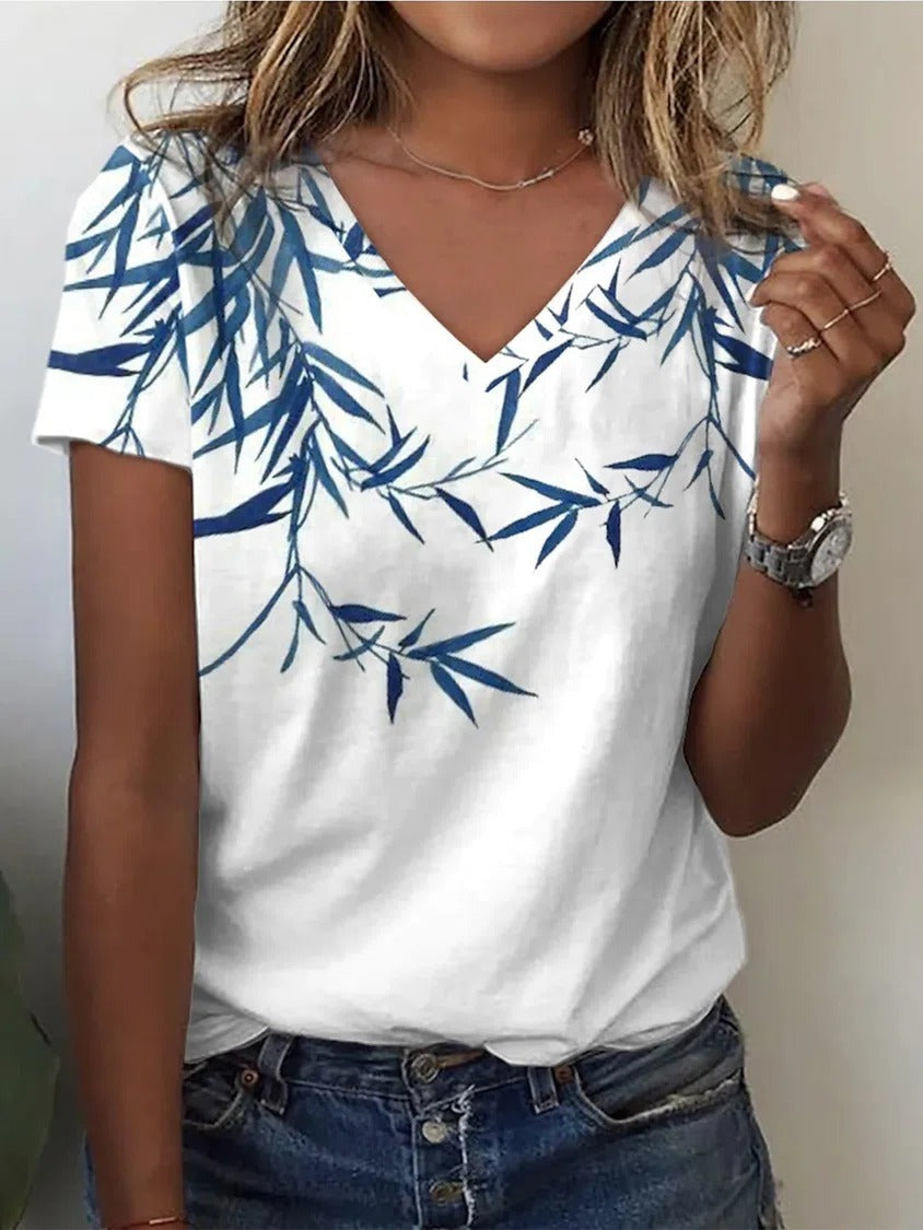 Leaf Print V-neck Vacation Short Sleeves T-shirt