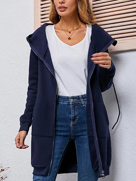 Solid Color Hooded Zipper Long Sleeves Warm Coat