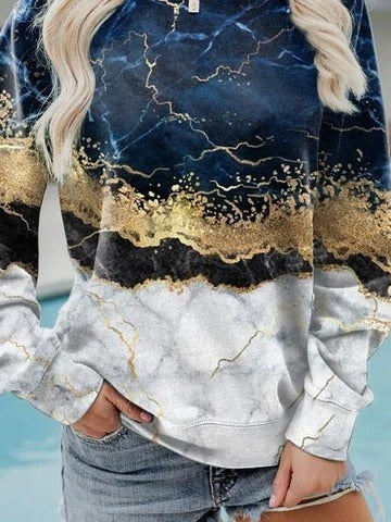 Marbling Print Casual O-neck Long Sleeves Sweatshirt