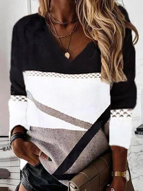 Color Block V-neck Casual Long Sleeves Sweatshirt