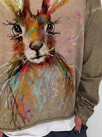 Cute Rabbit Print Crew Neck Long Sleeves Sweatshirt