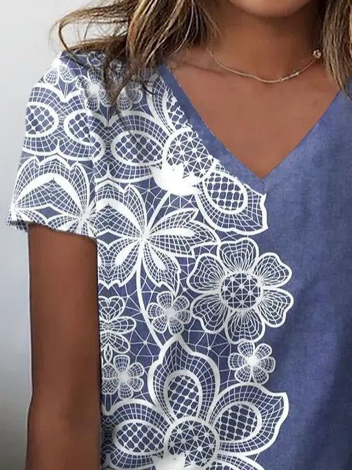 Geometric Floral Print V-neck Short Sleeves T-shirt