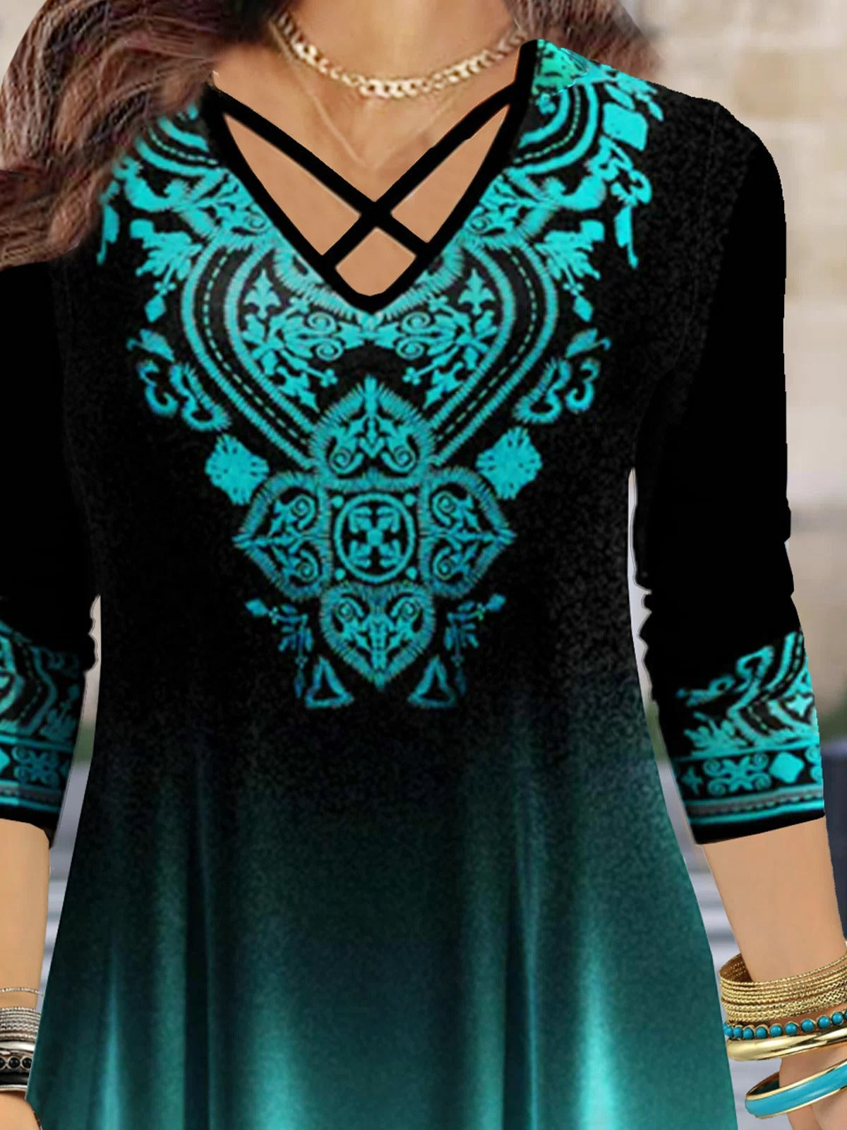 Ethnic Print V-neck Casual Long Sleeves Blouse