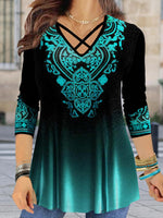 Ethnic Print V-neck Casual Long Sleeves Blouse