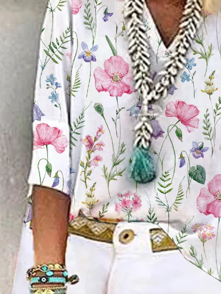 Floral Print V-neck Casual 3/4 Sleeves Blouse