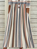 Stripe Print Scoop Neck Buttons Half Sleeves Midi Dress