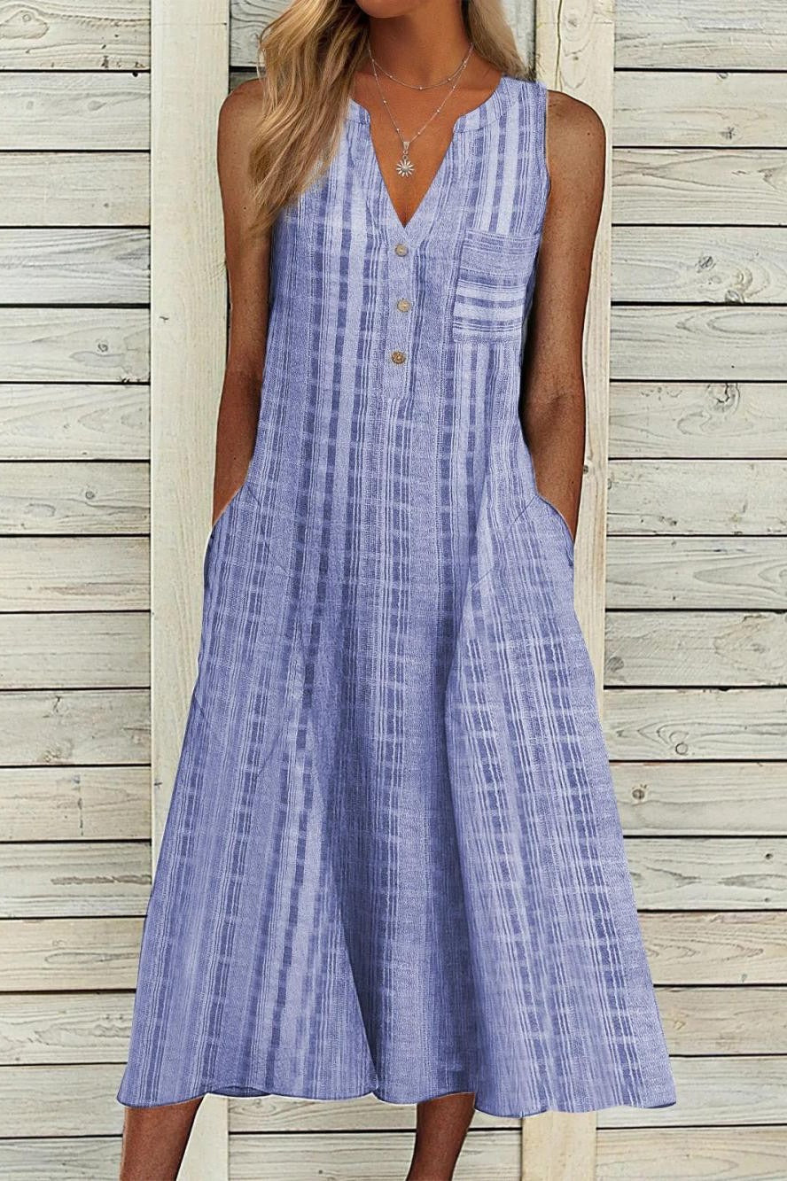Plaid Print V-neck Buttons Casual Sleeveless Midi Dress
