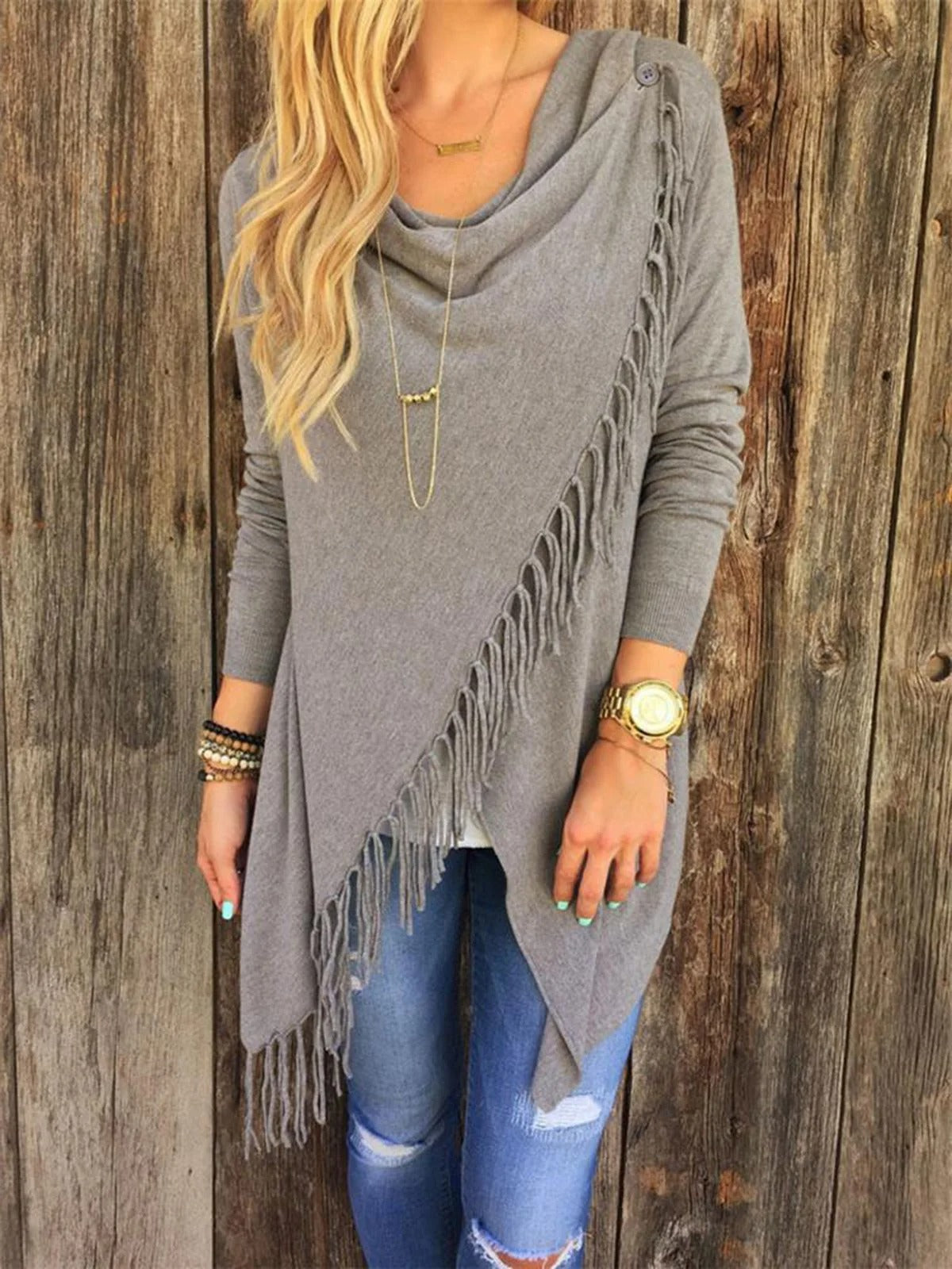 Solid Color Tassel Long Sleeves Sweater Cardigan