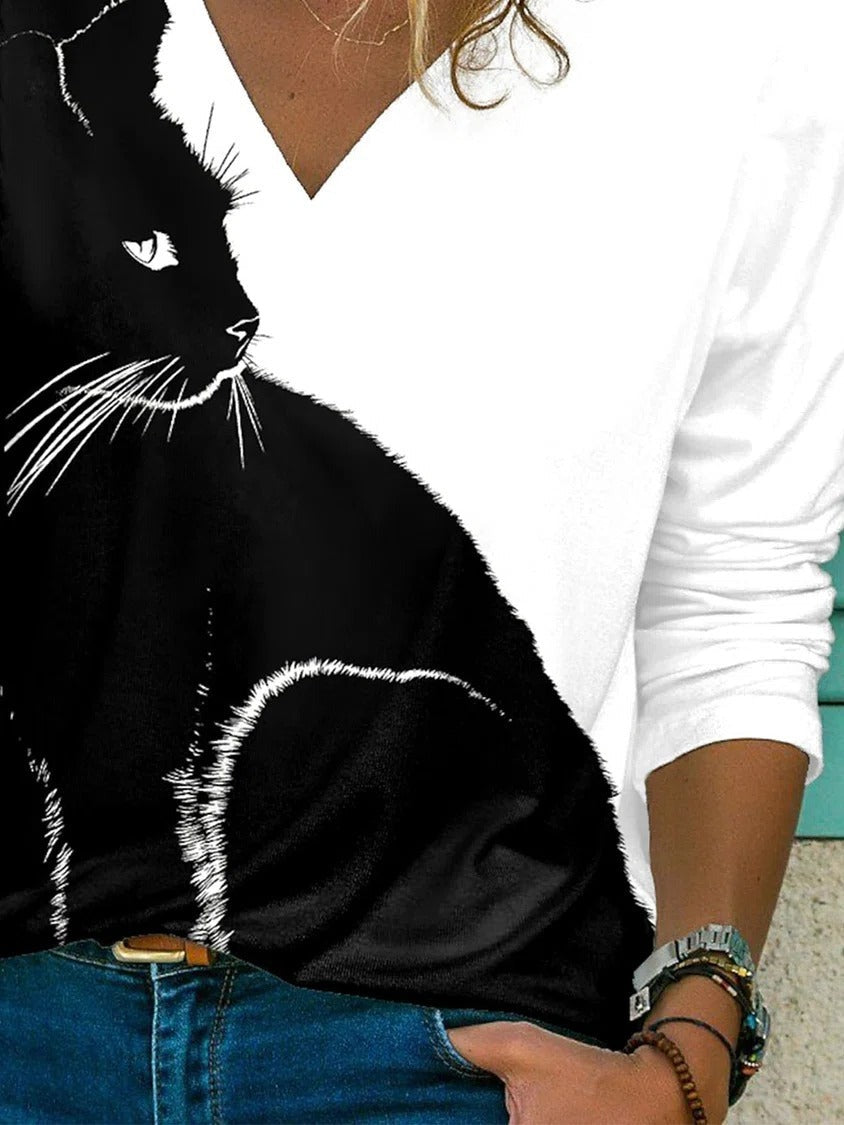 Cat Print V-neck Casual Long Sleeves Sweatshirt