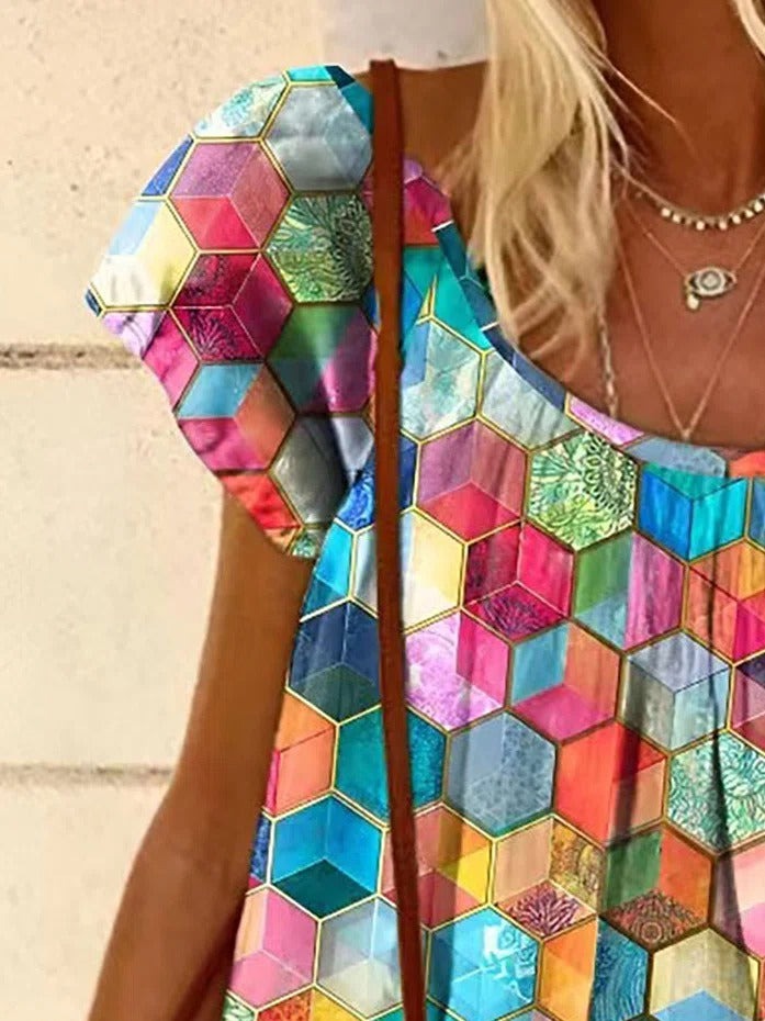 Geometric Print Scoop Neck Short Sleeves T-shirt