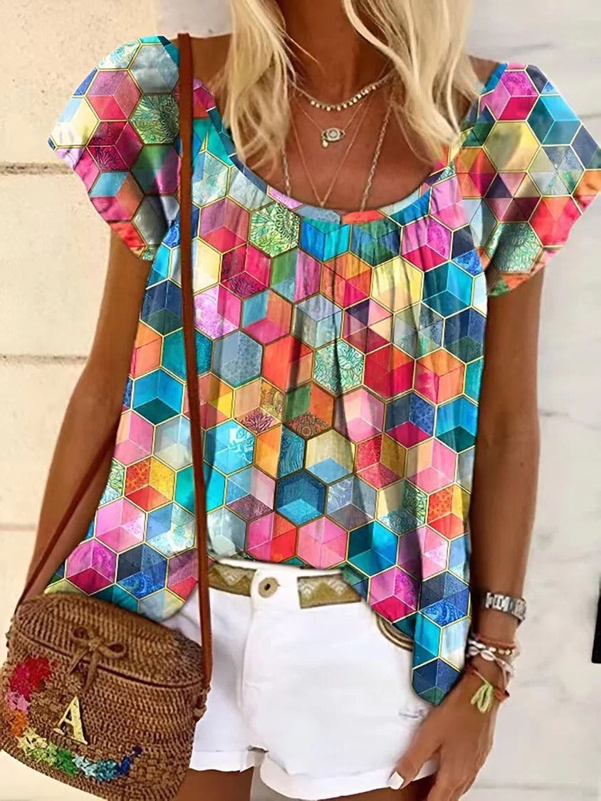 Geometric Print Scoop Neck Short Sleeves T-shirt