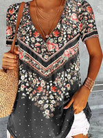 Floral Print V-neck Casual Short Sleeves T-shirt
